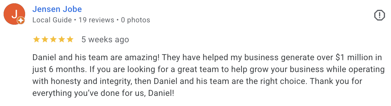 Google review from Jensen Jobe